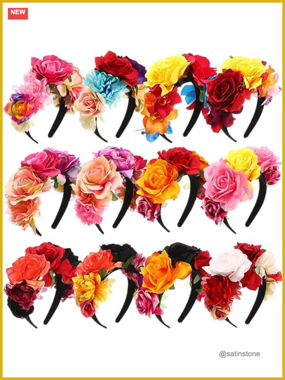 12 Pc Mexican Rose Flower Crown Headband Polyester Plastic